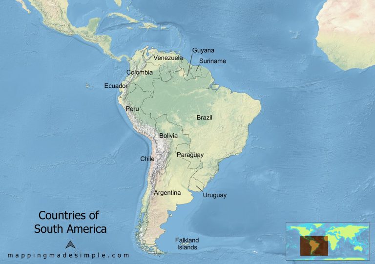 Map showing the Countries of South America